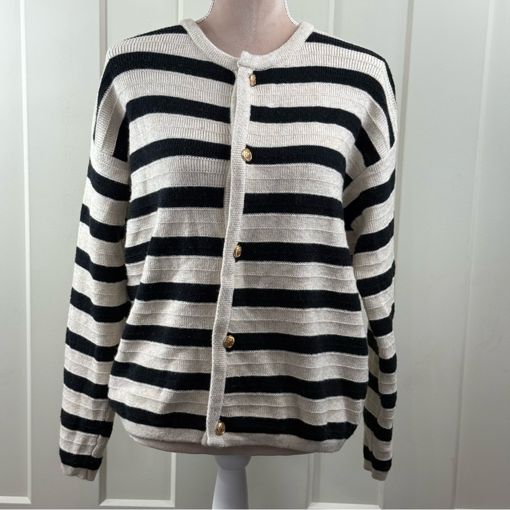 Elegant‎ Black and Cream Striped Women's Cardigan